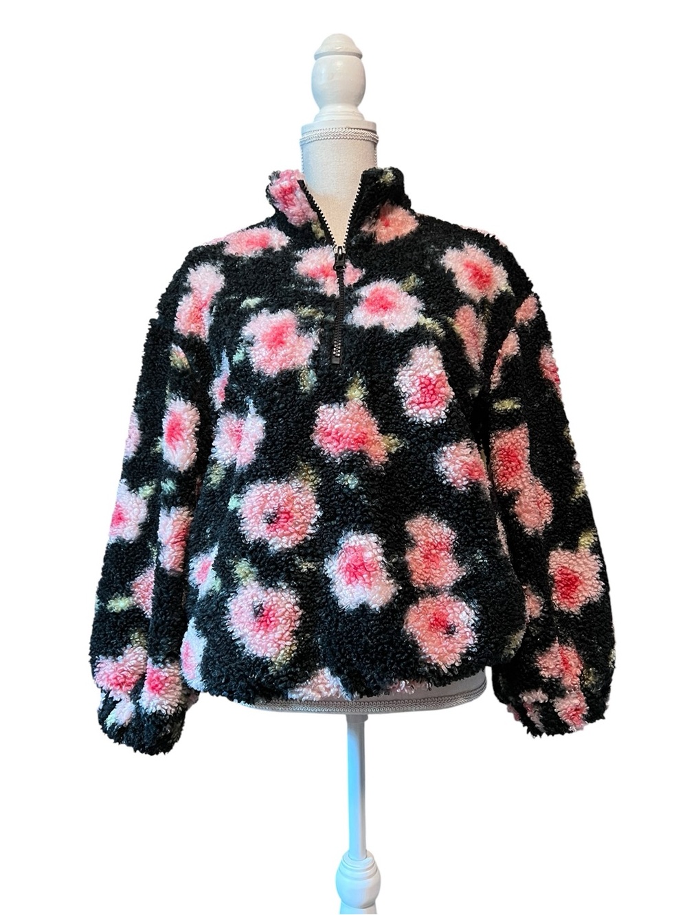 Sandy Liang X Target Plush Teddy Half-Zip Jacket in Black with Pink Floral Print